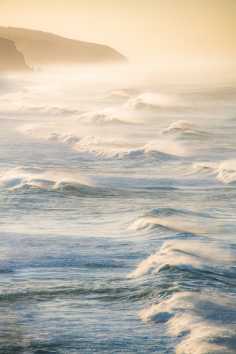Portrait view of powerful oceans waves in the early morning light.