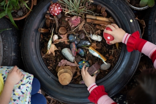 Potted fairy garden in pre-school - Australian Stock Image