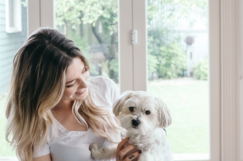 Pretty young girl with a cute little white dog on her lap - Australian Stock Image