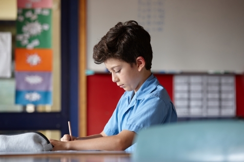 Primary school student in classroom working on homework - Australian Stock Image