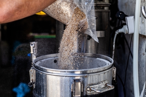 Putting wheat into boiler to make beer - Australian Stock Image