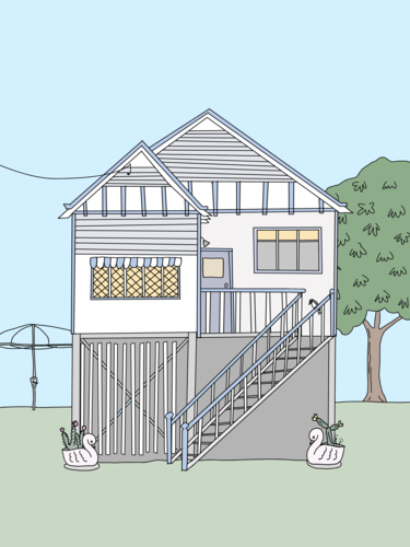 Queenslander high set cottage with steps, pot plants, hills hoist, tree, lawn and blue sky - Australian Stock Image