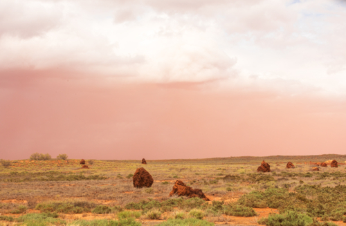 Red dust storm above termite mounds, cyclone Sean, Onslow - Australian Stock Image