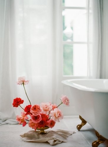 Red roses next to a romantic french bath - Australian Stock Image