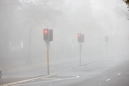 Red traffic lights in early morning fog - Australian Stock Image