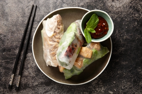 Rice paper rolls dish on table