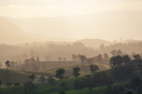 Ridge lines of farmland with trees and high key sky - Australian Stock Image