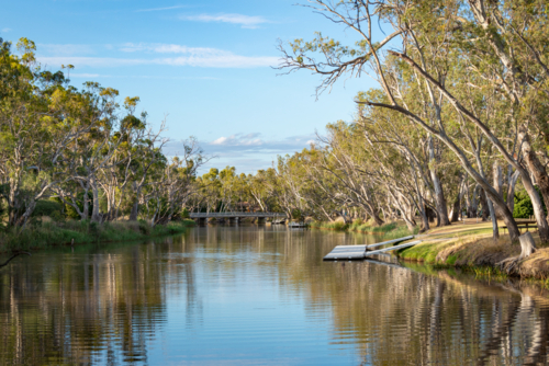 Riverbank with gum trees and pontoon - Australian Stock Image