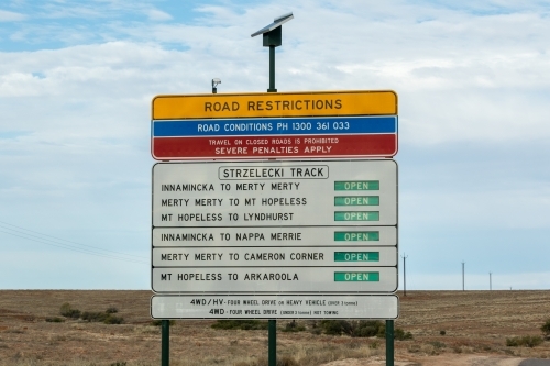 Road restrictions sign in remote setting - Australian Stock Image