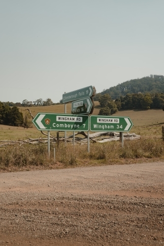 Road signs at an intersection of an unsealed gravel road