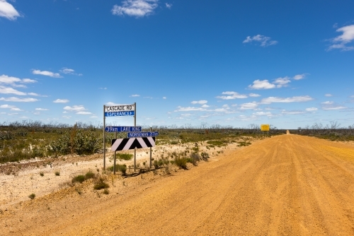 road signs on a gravel road with blue sky and flat horizon