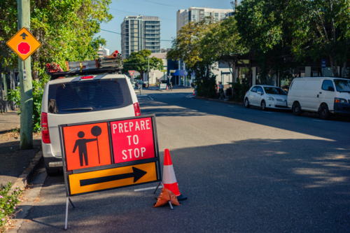Roadwork Sign on Suburban Street - Australian Stock Image