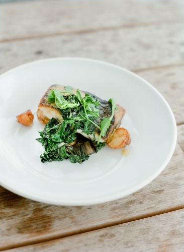 Roast potatoes, greens and fish on a white plate - Australian Stock Image