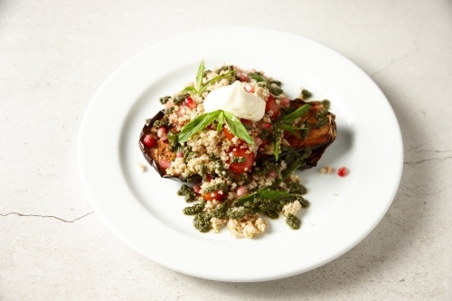 Roasted eggplant and quinoa salad - Australian Stock Image