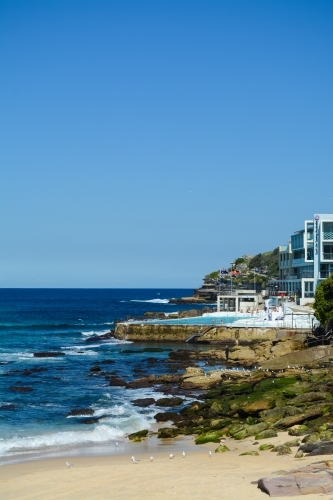 Rock pool, beach and the open sea with seagulls on rocks - Australian Stock Image