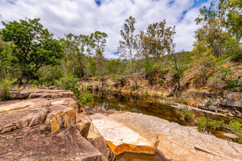Rocky creek bed flowing through dense green bushland - Australian Stock Image
