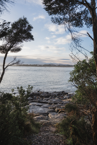 rocky shoreline at sunrise - Australian Stock Image