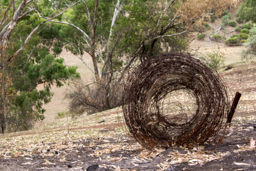Rolled wire on burnt ground after a bushfire - Australian Stock Image