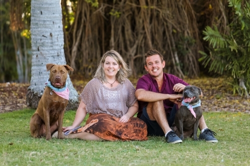 Romantic couple sitting on grass with two dogs in park - Australian Stock Image