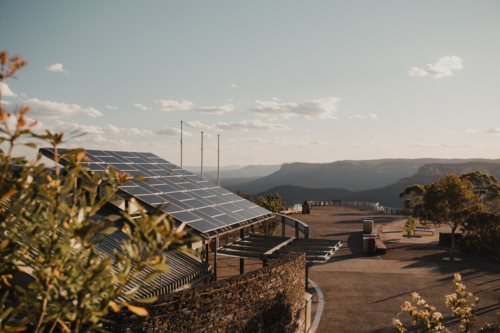 Rooftop solar panels at Echo Point Visitor Information Centre Blue Mountains - Australian Stock Image