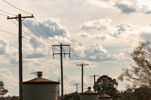 Row of silos and power lines at Tamworth NSW - Australian Stock Image