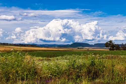 Rural farming scene with crops, mountain ranges and spectacular cloud formations - Australian Stock Image