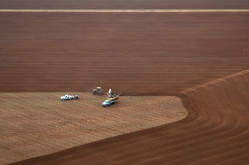Rural Outback Aerial Landscape with Trucks and Farm Machinery - Australian Stock Image