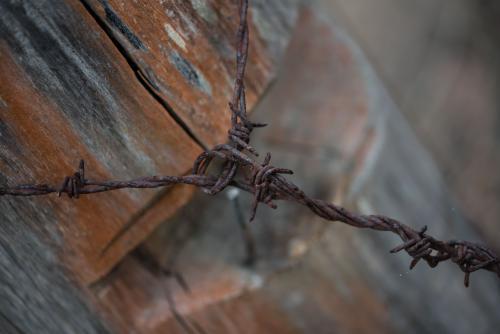 Rusty barbed wire tied around wooden strainer post - Australian Stock Image