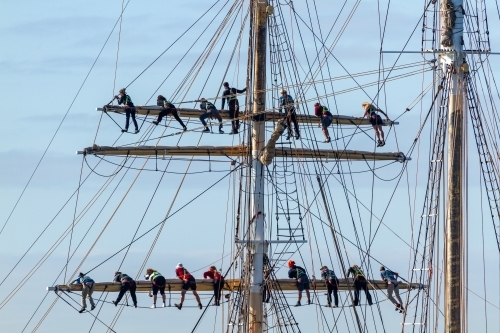 Sailing crew aloft on yards of STS Leeuwin II. - Australian Stock Image