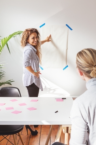 Salesperson demonstrating her pitch on a blank poster on the wall - Australian Stock Image