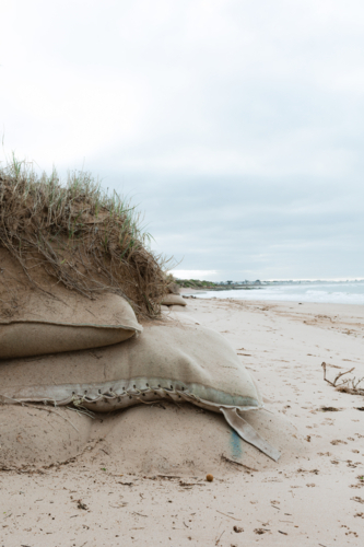 Sand bag structure supporting dunes effected by coastal erosion - Australian Stock Image