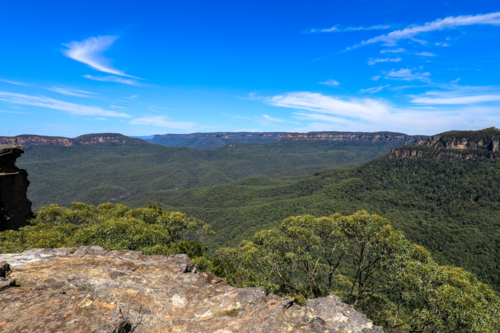 Scenic landscape view of Jamison Valley captured from Sublime Point lookout in the Blue Mountains - Australian Stock Image