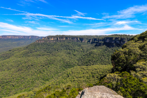Scenic landscape view of Jamison Valley captured from Sublime Point lookout in the Blue Mountains - Australian Stock Image
