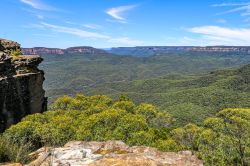 Scenic landscape view of Jamison Valley captured from Sublime Point lookout in the Blue Mountains - Australian Stock Image