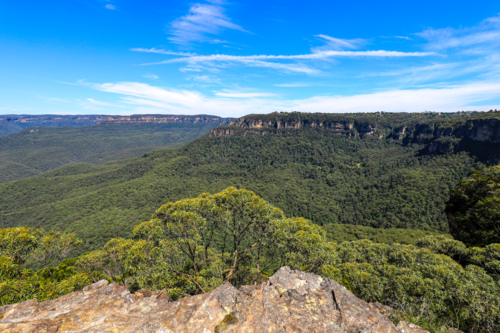 Scenic landscape view of Jamison Valley captured from Sublime Point lookout in the Blue Mountains - Australian Stock Image