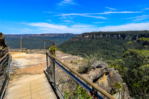 Scenic landscape view of Jamison Valley captured from Sublime Point lookout in the Blue Mountains - Australian Stock Image
