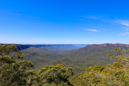 Scenic landscape view of Jamison Valley captured from Sublime Point lookout in the Blue Mountains - Australian Stock Image