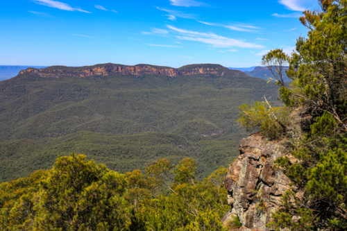 Scenic landscape view of Jamison Valley captured from Sublime Point lookout in the Blue Mountains - Australian Stock Image