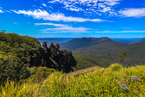 Scenic view from Echo Point in the Blue Mountains overlooking Jamison Valley with forested landscape - Australian Stock Image
