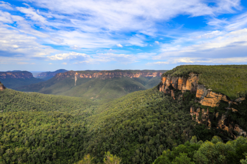 scenic view from Govetts Leap Lookout in the Blue Mountains overlooking Grose Valley - Australian Stock Image