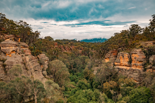 Scenic view from lookout over Fern Gully in the Bylong Valley - Australian Stock Image