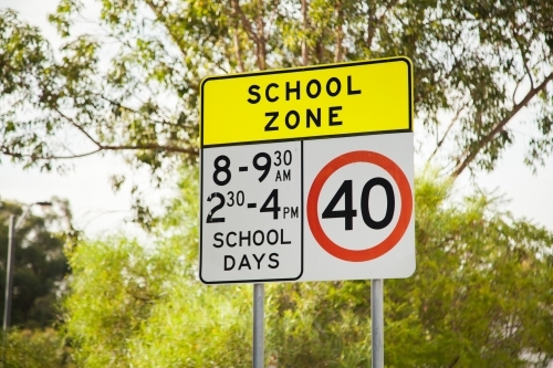 School zone with green bush and gum tree background