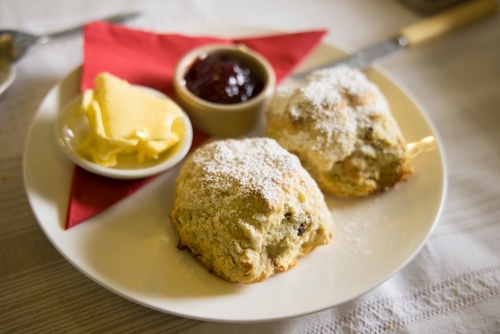 Scones with jam and butter - Australian Stock Image