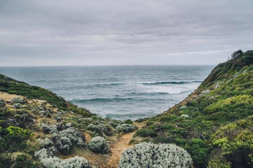 Seascape of scrubs and water along the Great Ocean Road - Australian Stock Image