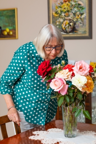 senior lady sniffing roses in vase - Australian Stock Image