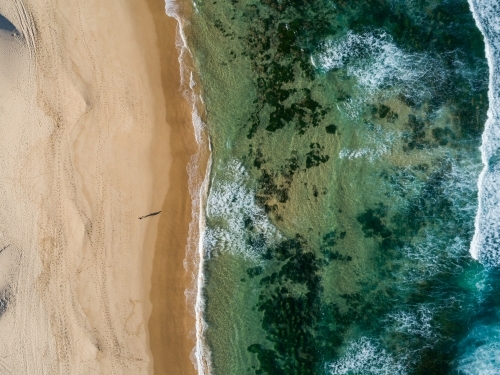 Shadow of person walking along beach with green ocean water and golden sand