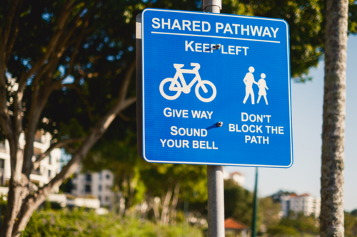 Shared Pathway Sign with walking and Cycling Symbols - Australian Stock Image