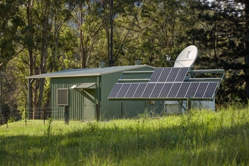 Shed on rural property with solar panels - Australian Stock Image