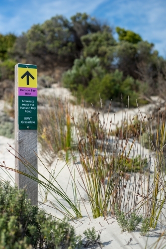 Sign on post directing the way to hiking trail