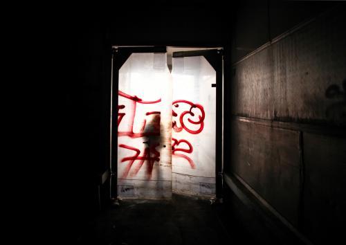 Silhouette of a teenager behind plastic doors of a disused meat works - Australian Stock Image